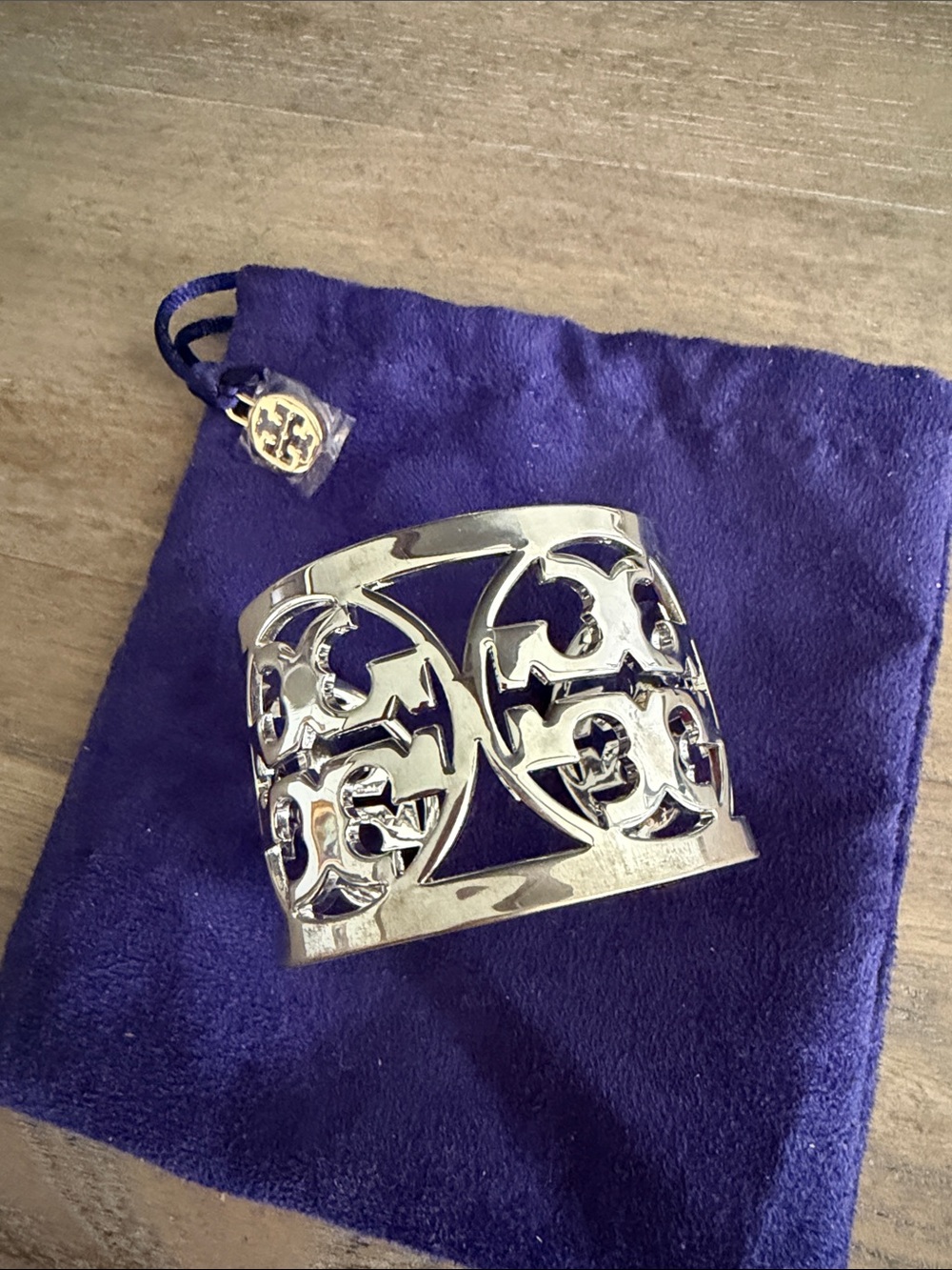 Tory Burch Silver Logo Cutout Wide Cuff Bracelet
